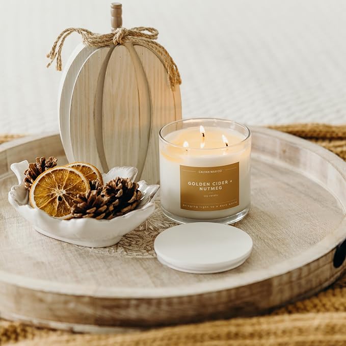 . Golden Cider & Nutmeg 3 Wick Scented Candle - 43 Hour Burn - Luxury 3 Wick Soy Candles, alternate product view 7