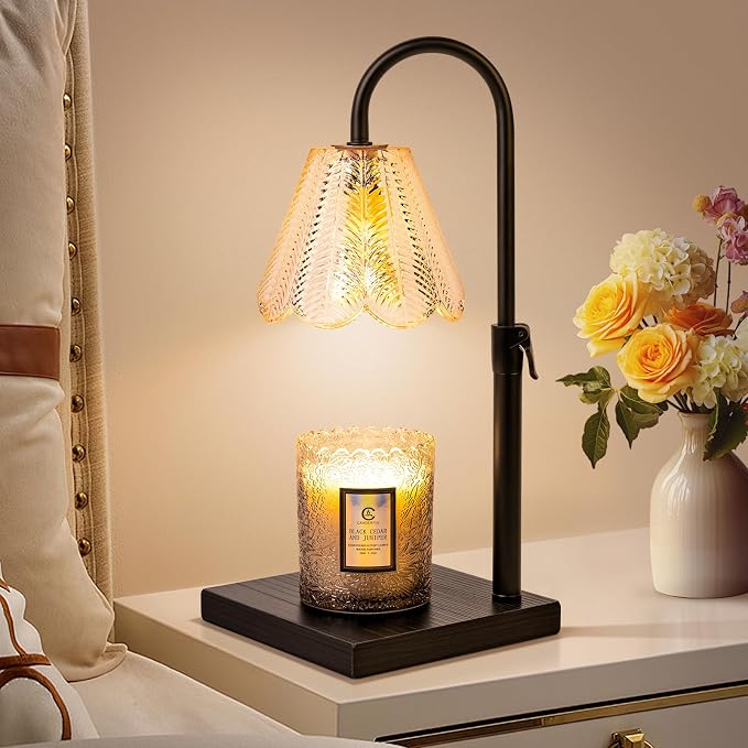 Golden Floral Candle Warmer Lamp with Timer & Dimmable Light - Adjustable Height Jar Candle Melter with Ebony Wooden, product