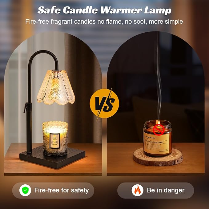 Golden Floral Candle Warmer Lamp with Timer & Dimmable Light - Adjustable Height Jar Candle Melter with Ebony Wooden