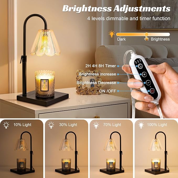 Golden Floral Candle Warmer Lamp with Timer & Dimmable Light - Adjustable Height Jar Candle Melter with Ebony Wooden