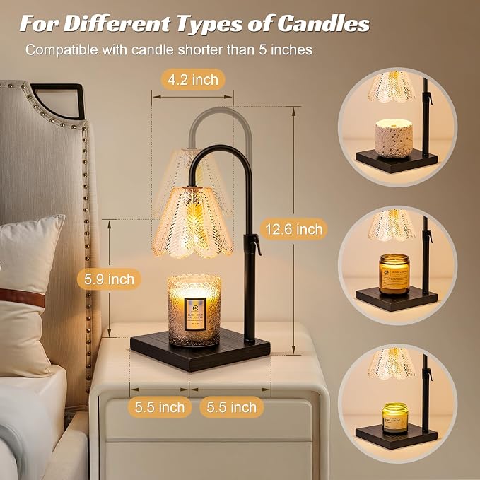 Golden Floral Candle Warmer Lamp with Timer & Dimmable Light - Adjustable Height Jar Candle Melter with Ebony Wooden