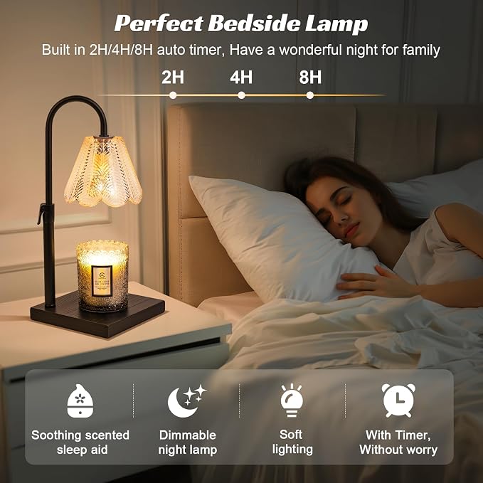 Golden Floral Candle Warmer Lamp with Timer & Dimmable Light - Adjustable Height Jar Candle Melter with Ebony Wooden