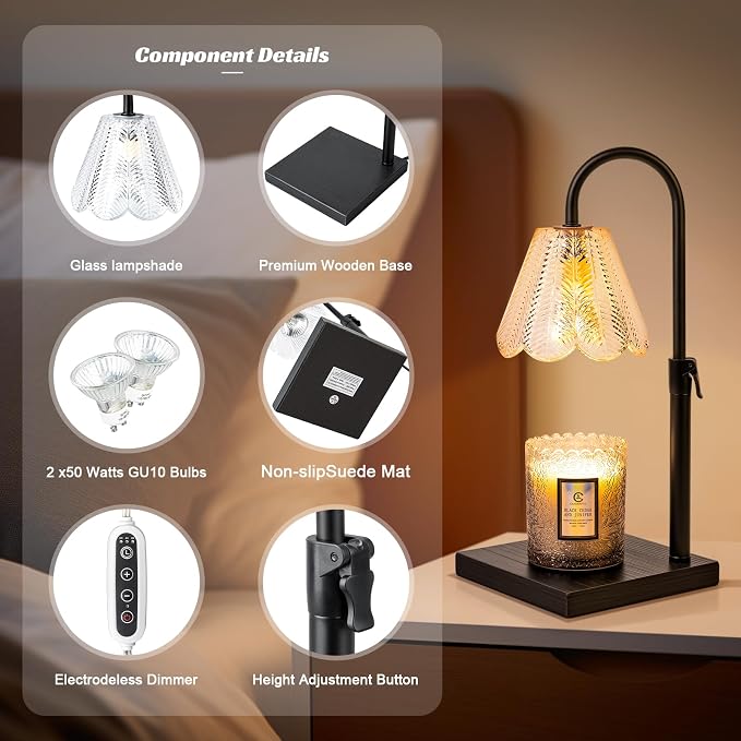 Golden Floral Candle Warmer Lamp with Timer & Dimmable Light - Adjustable Height Jar Candle Melter with Ebony Wooden