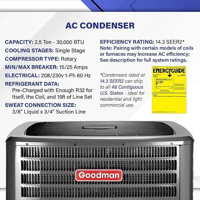 Goodman 2.5 Ton 14.3 SEER2 Central Air Conditioner Split System & Mobile Home Coil with 50ft Install Kit - R32, alternate