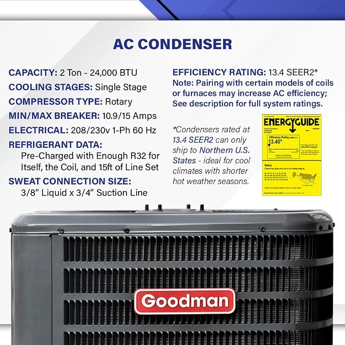 Goodman 2 Ton 13.4+ SEER2 Central Air Conditioner Split System & Mobile Home Coil with 50ft Install Kit - R32 Single Stage |