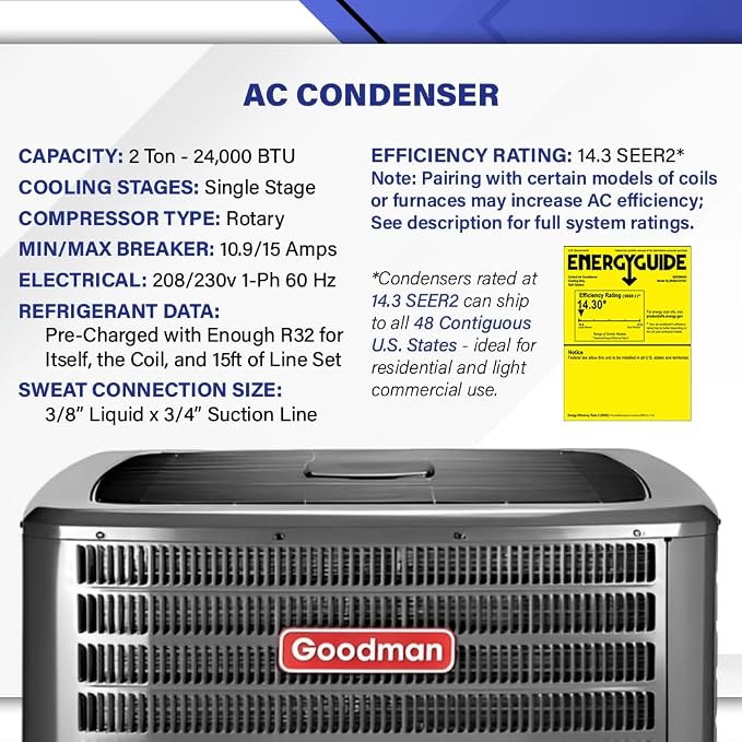 Goodman 2 Ton 14.3 SEER2 Central Air Conditioner Split System & Mobile Home Coil with 30ft Install Kit - R32, alternate view