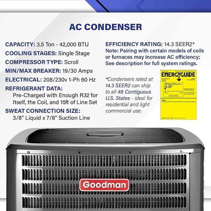 Goodman 3.5 Ton 14.3 SEER2 Central Air Conditioner Split System & Mobile Home Coil with 50ft Install Kit - R32, alternate