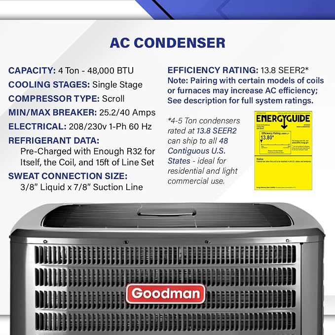 Goodman 4 Ton 13.8 SEER2 Central Air Conditioner Split System & Mobile Home Coil with 50ft Install Kit - R32, alternate view