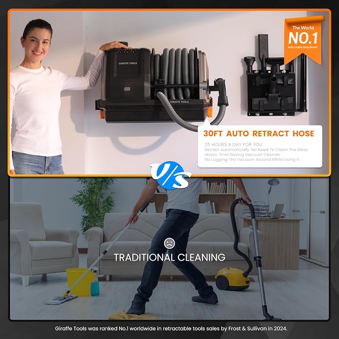 Grandstorm Wet Dry Vacuum Cleaner with 6 Nozzles, 30 FT Retractable Hose Wall Mounted Vacuum Cleaner for Car Detailing