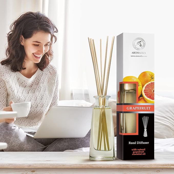 Grapefruit Reed Diffuser with Grapefruit Oil, 100ml, 9 Piece Set, Scented Reed Diffuser, Long Lasting Aroma, Bamboo Sticks