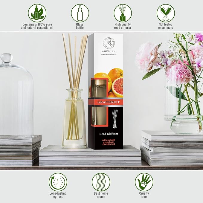 Grapefruit Reed Diffuser with Grapefruit Oil, 100ml, 9 Piece Set, Scented Reed Diffuser, Long Lasting Aroma, Bamboo Sticks