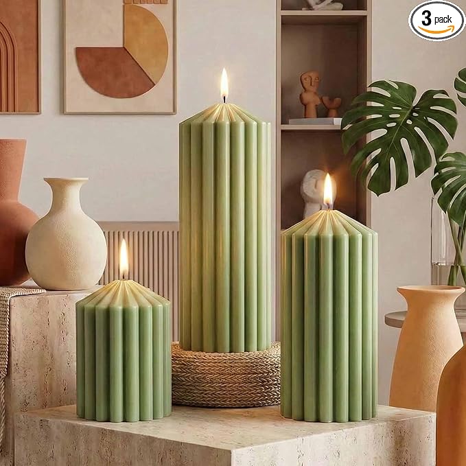 Green Ribbed Pillar Candle Set of 3 - Orange & Lemongrass Scented Soy Wax Candle, product image