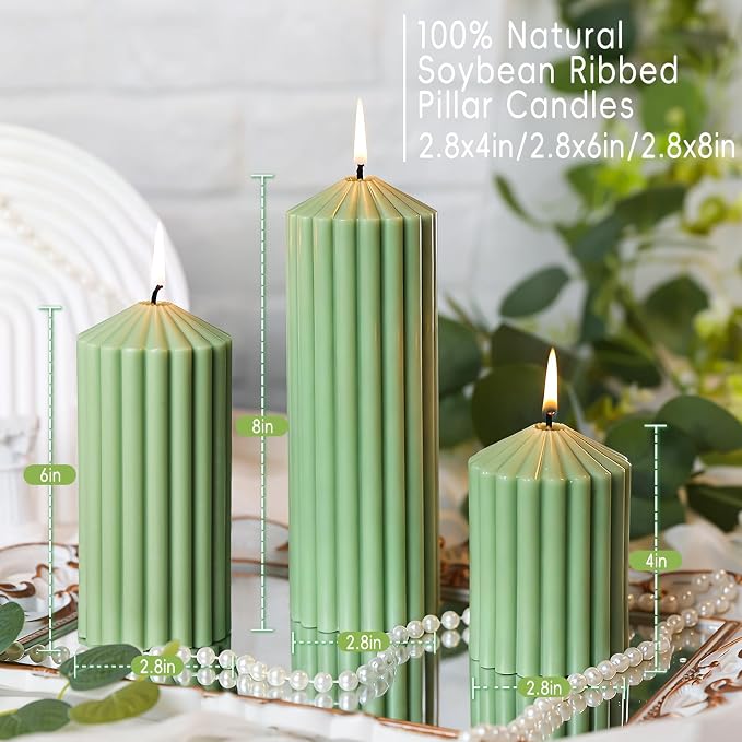 Green Ribbed Pillar Candle Set of 3 - Orange & Lemongrass Scented Soy Wax Candle, alternate product view 2
