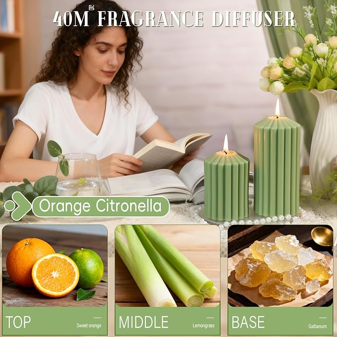 Green Ribbed Pillar Candle Set of 3 - Orange & Lemongrass Scented Soy Wax Candle, alternate product view 3