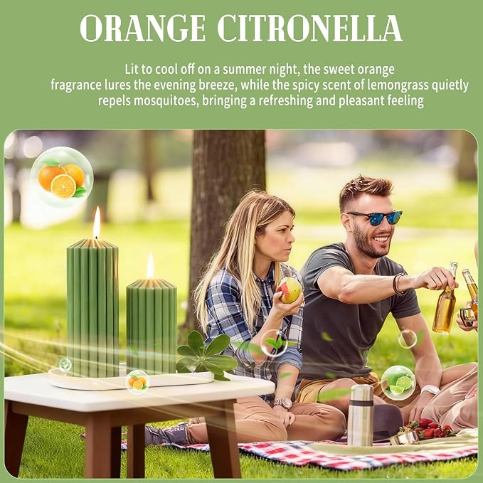 Green Ribbed Pillar Candle Set of 3 - Orange & Lemongrass Scented Soy Wax Candle, alternate product view 4
