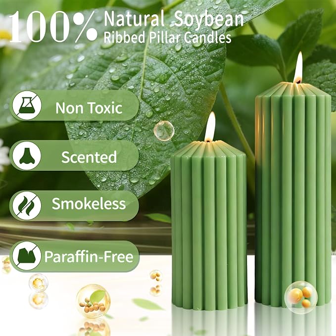 Green Ribbed Pillar Candle Set of 3 - Orange & Lemongrass Scented Soy Wax Candle, alternate product view 5