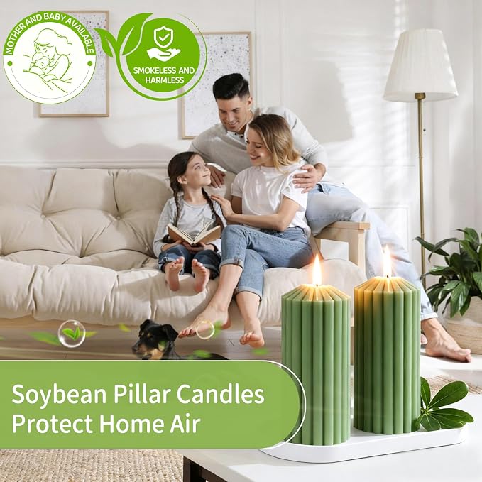 Green Ribbed Pillar Candle Set of 3 - Orange & Lemongrass Scented Soy Wax Candle, alternate product view 6