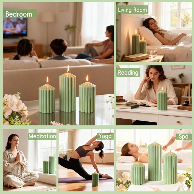 Green Ribbed Pillar Candle Set of 3 - Orange & Lemongrass Scented Soy Wax Candle, alternate product view 7
