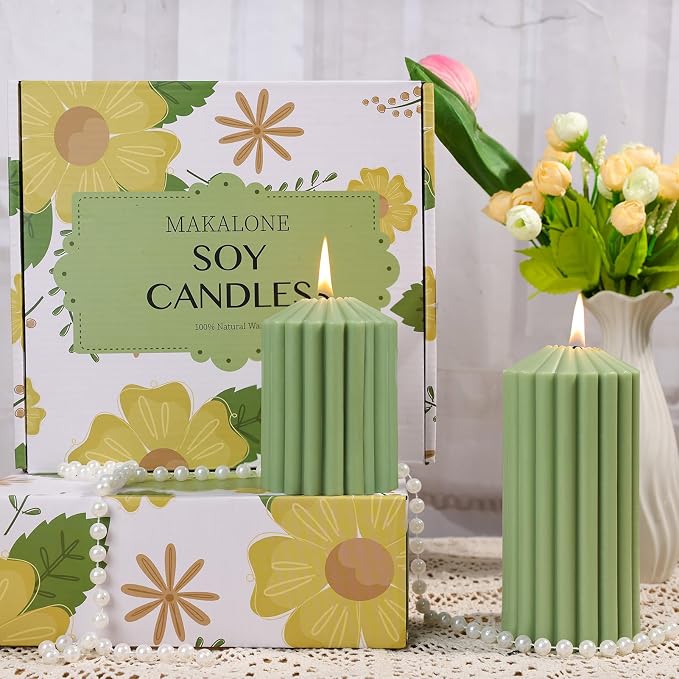 Green Ribbed Pillar Candle Set of 3 - Orange & Lemongrass Scented Soy Wax Candle, alternate product view 8