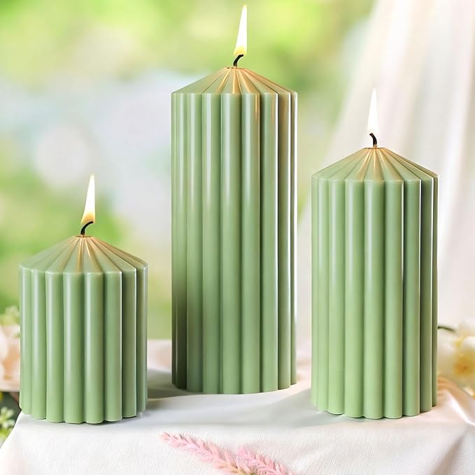 Green Ribbed Pillar Candle Set of 3 - Orange & Lemongrass Scented Soy Wax Candle, alternate product view 9