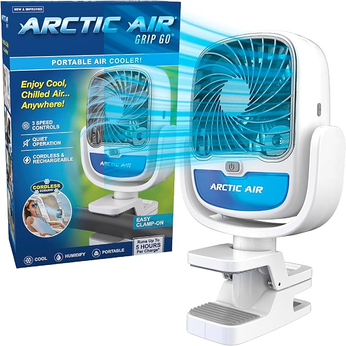 Grip Go Evaporative Cooler, Cordless & Portable Fan with 3 Speeds, Universal Clamp 360 Degrees Head Swivel, USB Charging