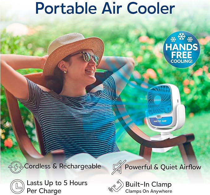 Grip Go Evaporative Cooler, Cordless & Portable Fan with 3 Speeds, Universal Clamp 360 Degrees Head Swivel, USB Charging