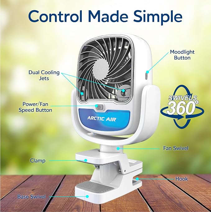 Grip Go Evaporative Cooler, Cordless & Portable Fan with 3 Speeds, Universal Clamp 360 Degrees Head Swivel, USB Charging