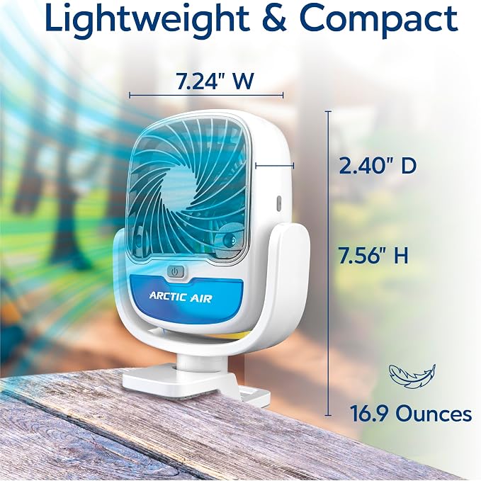 Grip Go Evaporative Cooler, Cordless & Portable Fan with 3 Speeds, Universal Clamp 360 Degrees Head Swivel, USB Charging