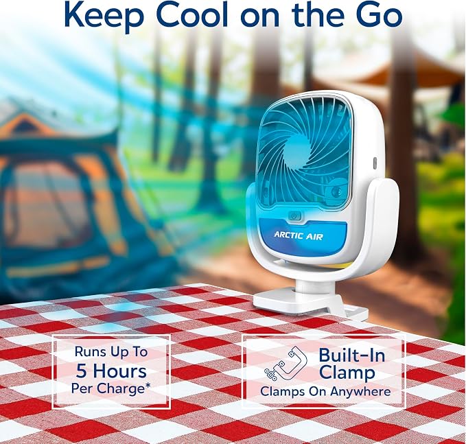 Grip Go Evaporative Cooler, Cordless & Portable Fan with 3 Speeds, Universal Clamp 360 Degrees Head Swivel, USB Charging