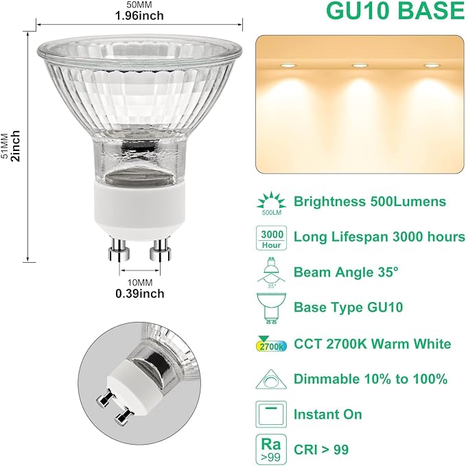 GU10 Halogen Bulb 120V 50W Halogen Light Bulbs for Candle Warmer Lamp, GU10+C, MR16 with Glass Cover, 2700K Warm White