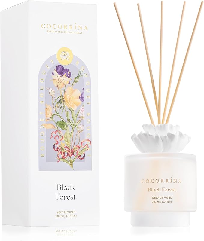 Gypsum Flower Reed Diffuser – Black Forest Scent, 6.76 oz Oil with 8 Sticks, Long-Lasting Home Fragrance for Bathroom Décor