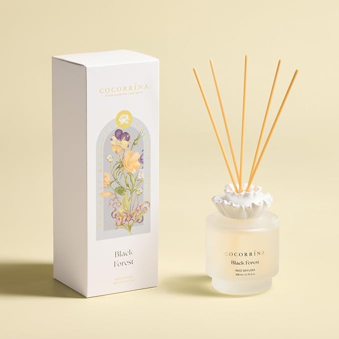 Gypsum Flower Reed Diffuser – Black Forest Scent, 6.76 oz Oil with 8 Sticks, Long-Lasting Home Fragrance for Bathroom Décor