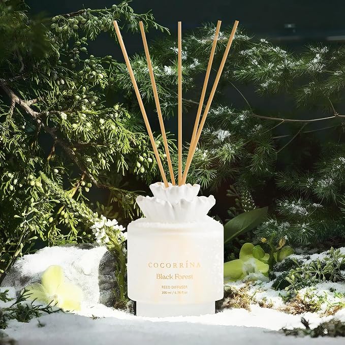 Gypsum Flower Reed Diffuser – Black Forest Scent, 6.76 oz Oil with 8 Sticks, Long-Lasting Home Fragrance for Bathroom Décor