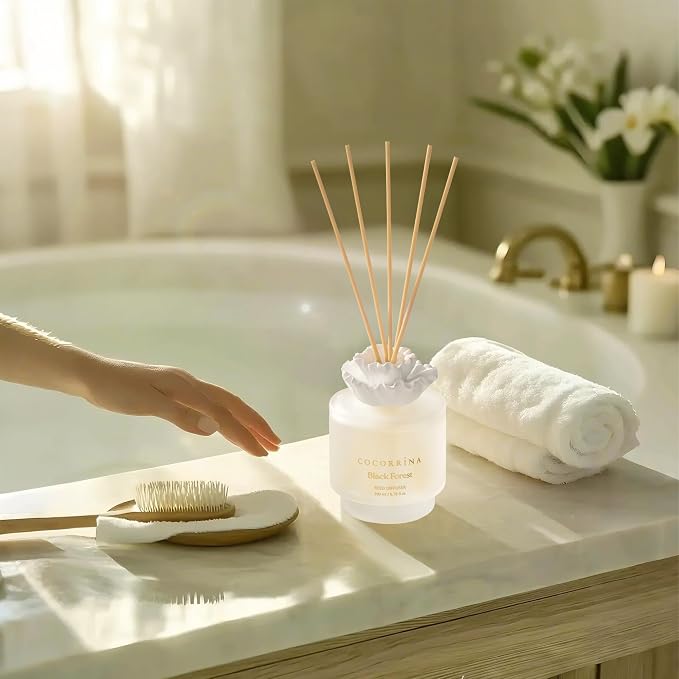 Gypsum Flower Reed Diffuser – Black Forest Scent, 6.76 oz Oil with 8 Sticks, Long-Lasting Home Fragrance for Bathroom Décor