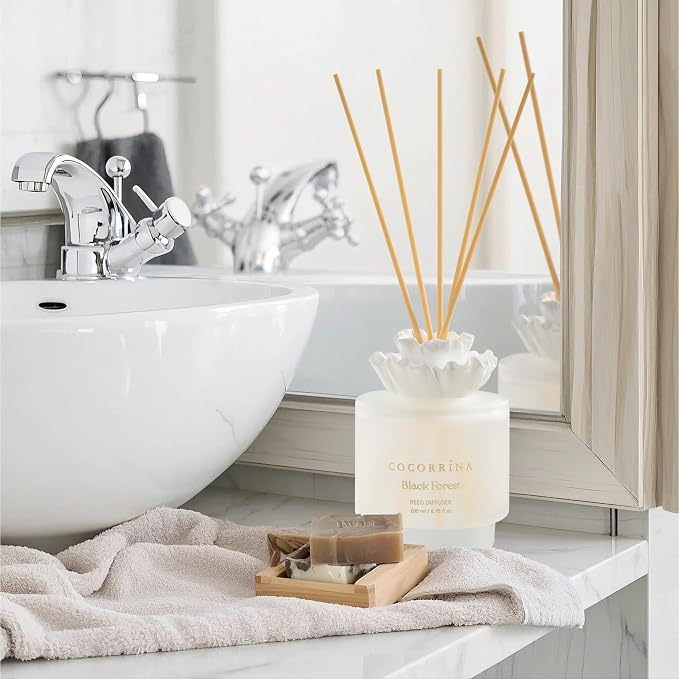 Gypsum Flower Reed Diffuser – Black Forest Scent, 6.76 oz Oil with 8 Sticks, Long-Lasting Home Fragrance for Bathroom Décor