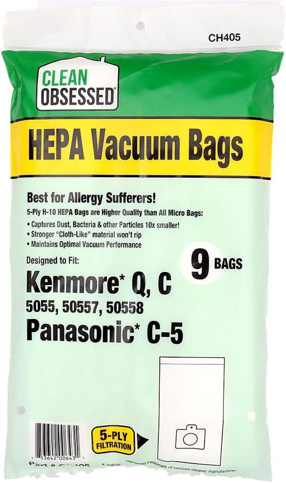 H-10 HEPA Bags Replacement For Canister C/Q 50555, 50557, 50558 & Type C-5 - (9 Bag Pack), product image