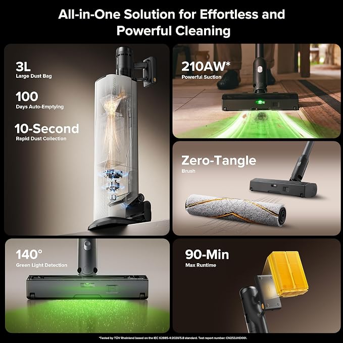 H60 Hub Ultra Cordless Vacuum Cleaner with Auto-Empty Dock, 210AW Suction Stick Vacuum Cleaners for Home and Pet Hair