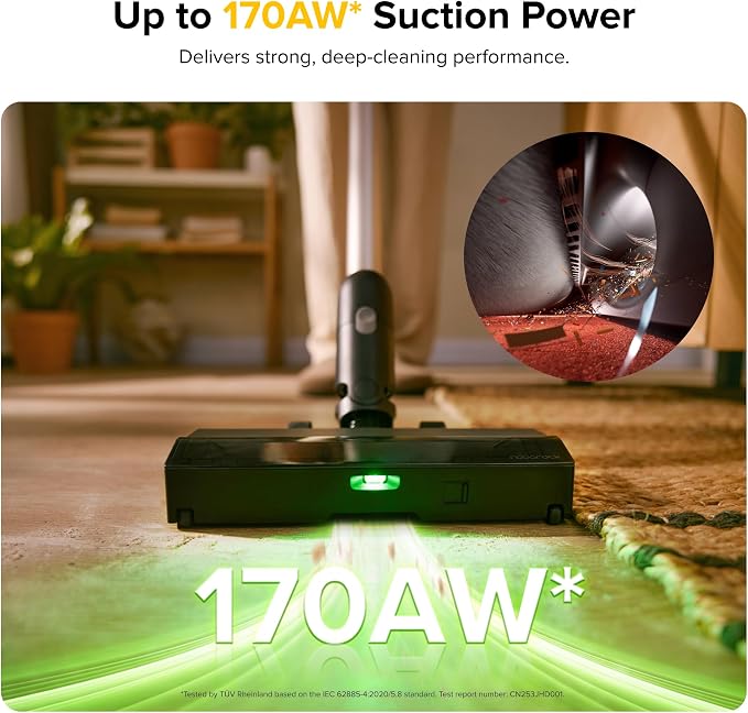 H60 Pro Cordless Stick Vacuum Cleaner, 170AW Suction Power, 80-Min Runtime, 90° Bendable Tube, Dust-Detecting LED