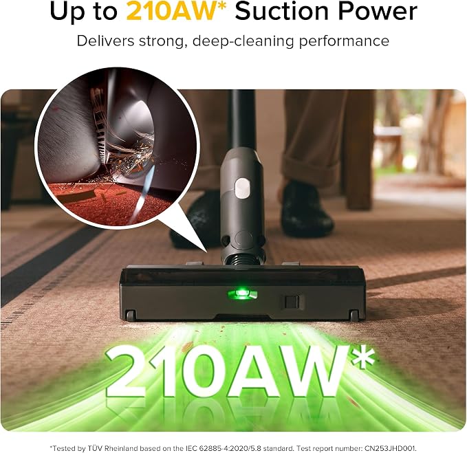H60 Ultra Cordless Stick Vacuum Cleaners, Upgraded 210AW Suction Stick Vacuum with 90-Min Runtime, 90° Bendable Tube, LED
