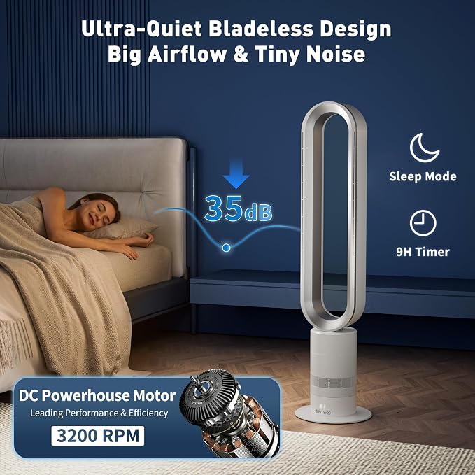 H601 Commercial Bladeless Tower Fan, 10 Cooling Speeds, Remote Control, Ultra-Quiet Brushless DC Motor for Bedroom, alternate