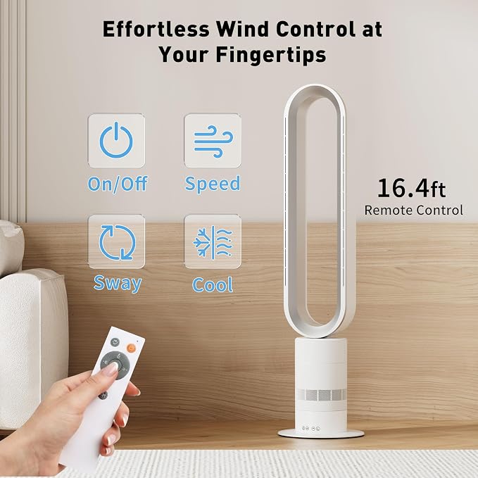 H601 Commercial Bladeless Tower Fan, 10 Cooling Speeds, Remote Control, Ultra-Quiet Brushless DC Motor for Bedroom, alternate