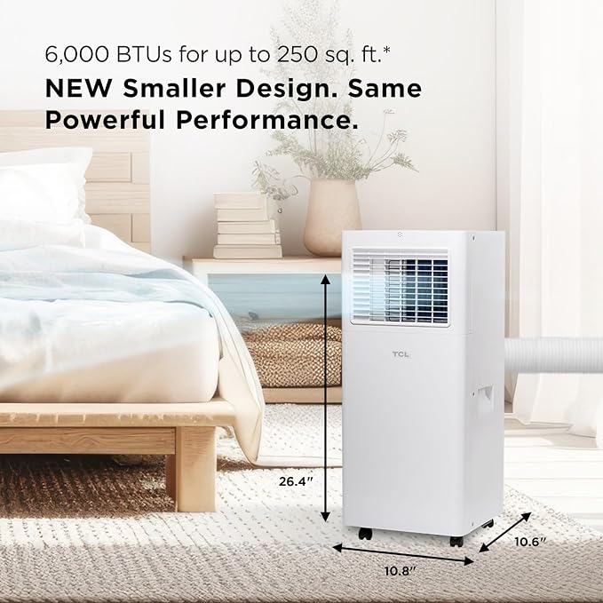 H6P44W 6,000 BTU Smart Portable Air Conditioner, Fan & Dehumidifier, 250 Sq. Ft, Ultra-Compact Design, Remote Control
