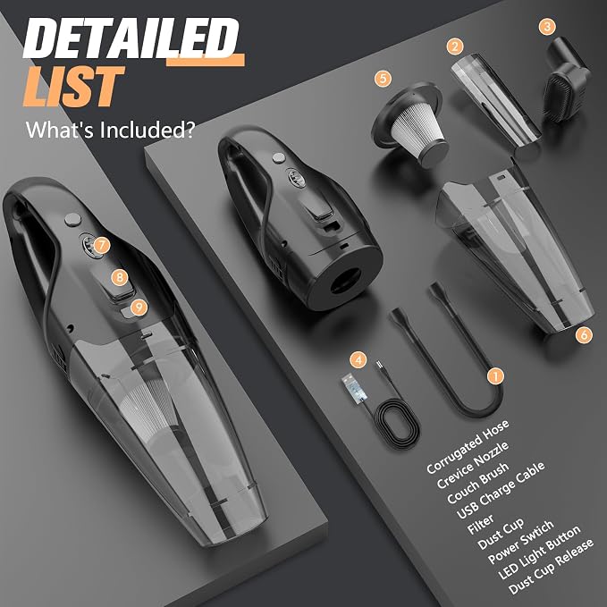 Hand Vacuum Powerful Suction, Hand held Vacuum Cordless Rechargeable with LED, alternate product view 2
