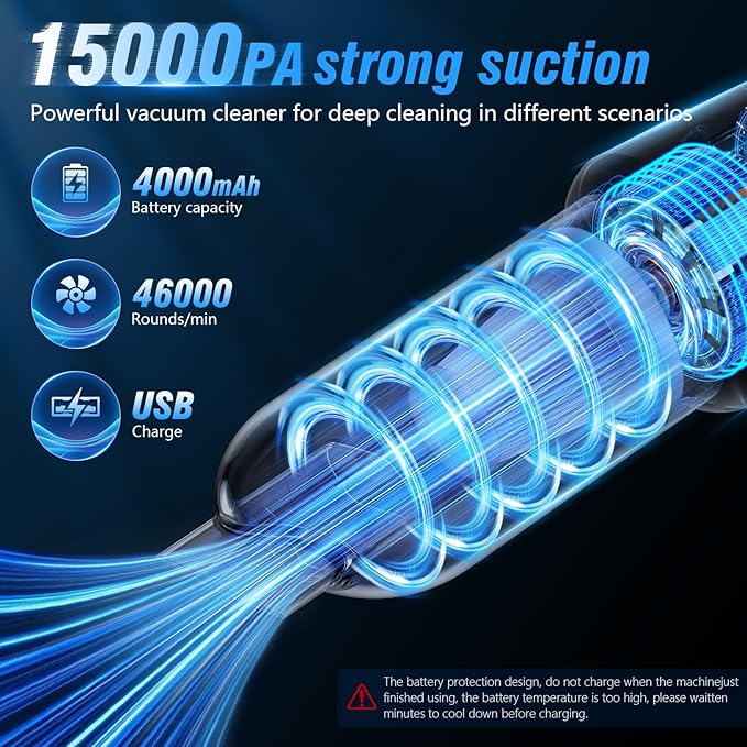 Handheld Car Vacuum - 15000Pa Cordless Wet/Dry, 120W High Power with Complete Accessory Kit for Cars, Pet Hair, Home &