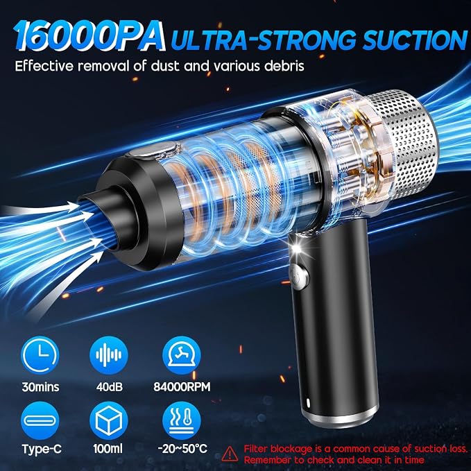 Handheld Car Vacuum Cleaner, 16000PA Hand Held Vacuum Portable Cordless, 2 in 1 Air Duster and Vacuum Cleaner with LED Light