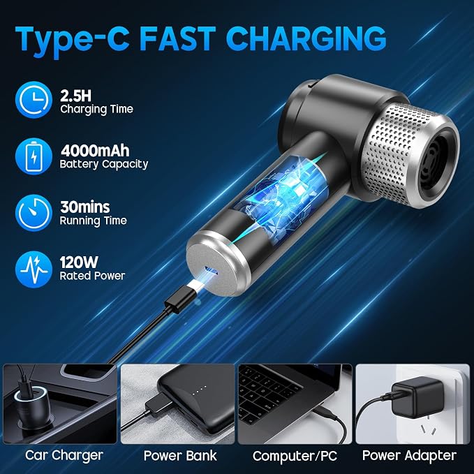 Handheld Car Vacuum Cleaner, 16000PA Hand Held Vacuum Portable Cordless, 2 in 1 Air Duster and Vacuum Cleaner with LED Light