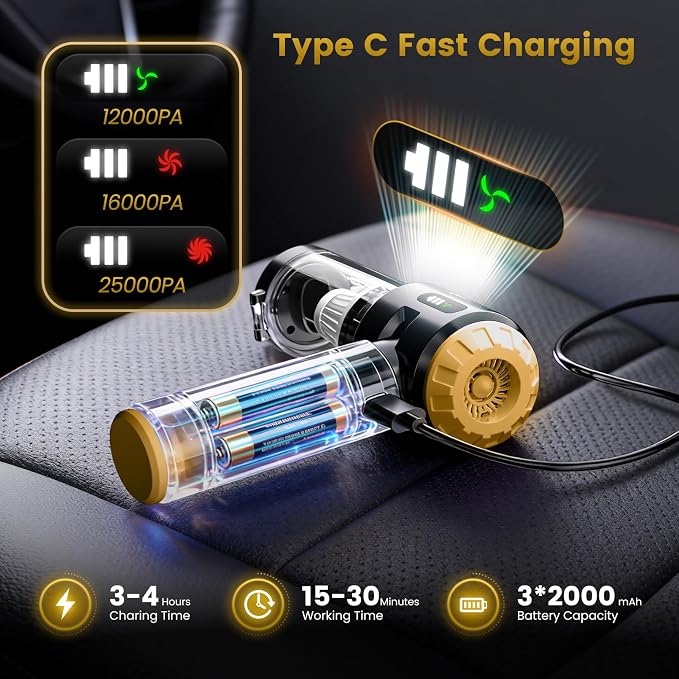 Handheld Car Vacuum Cleaner,25000PA Strong Cyclonic Suction Foldable Mini Vacuum Portable Cordless with Digital Display and