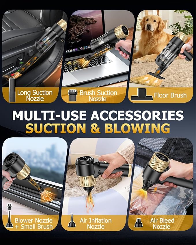 Handheld Car Vacuum Cleaner Cordless with 16000PA Powerful Suction, 4-in-1 Portable Mini Vacuum Cleaner & Air Duster with