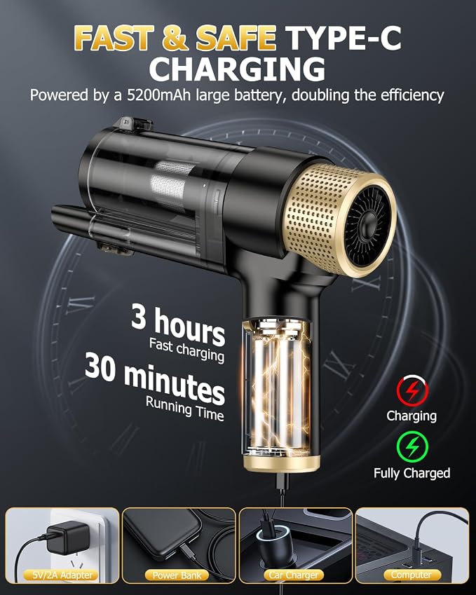 Handheld Car Vacuum Cleaner Cordless with 16000PA Powerful Suction, 4-in-1 Portable Mini Vacuum Cleaner & Air Duster with