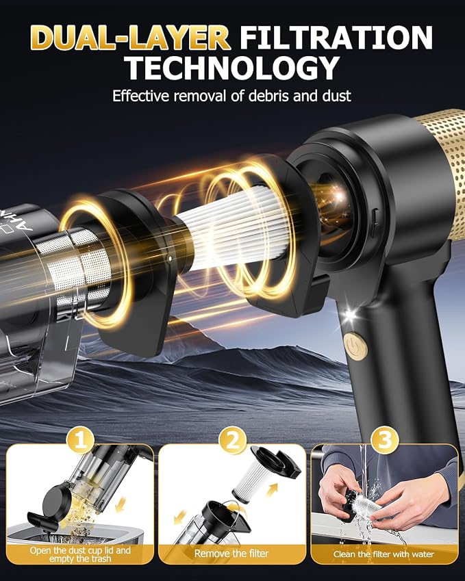Handheld Car Vacuum Cleaner Cordless with 16000PA Powerful Suction, 4-in-1 Portable Mini Vacuum Cleaner & Air Duster with